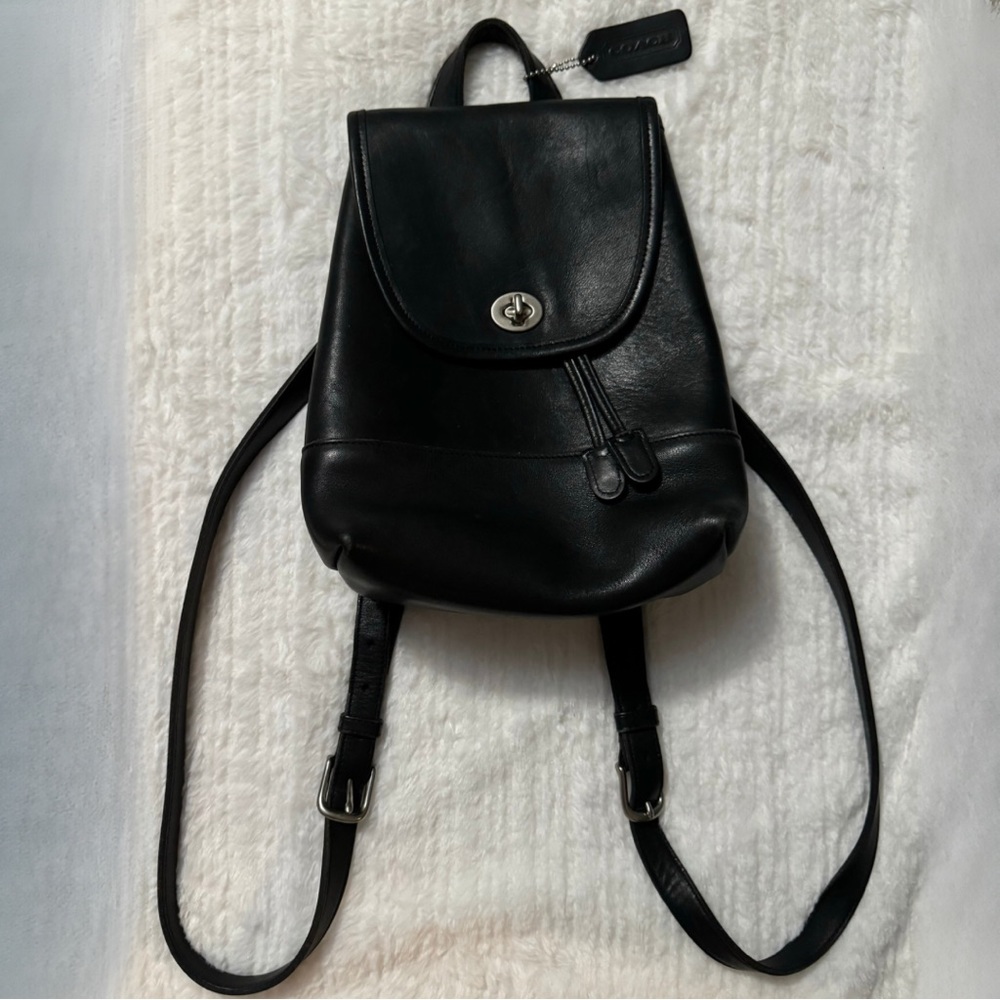 Vintage Coach Mini Daypack / Backpack In Black Leather With Nickel Hardware 9960